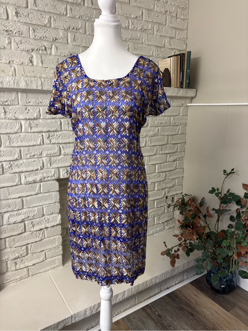 Vintage Sheer Blue Gold Metallic Geometric Tunic Dress CoverUp M/L